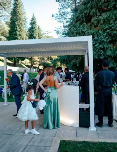 Invitati che si divertono ad una festa di compleanno sul prato superiore di Villa Puccini